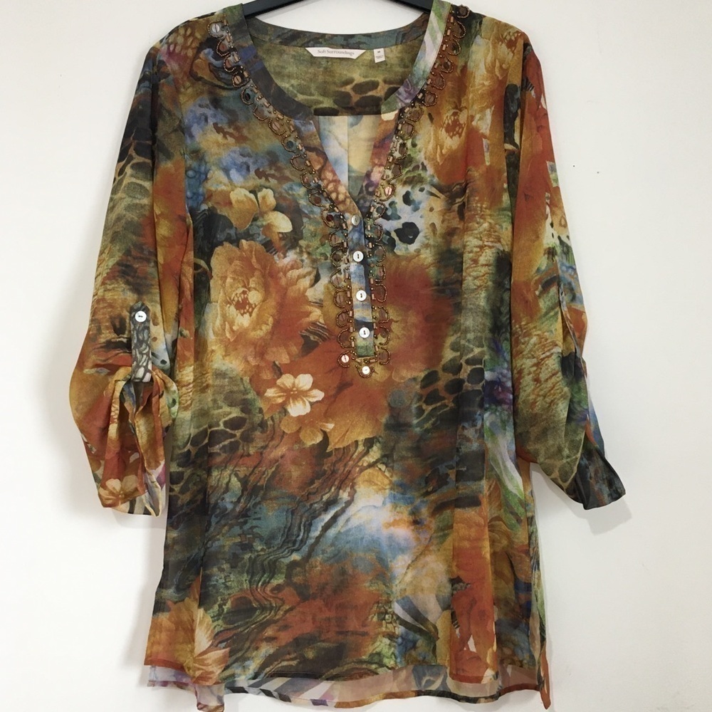 Soft Surroundings Boho Med Orange Multi Popover Embellished Beaded Tunic